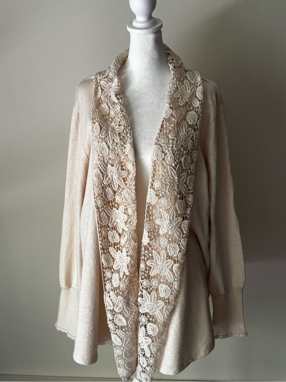 Lucky Brand Cream Crochet Lace Trim Open Cardigan